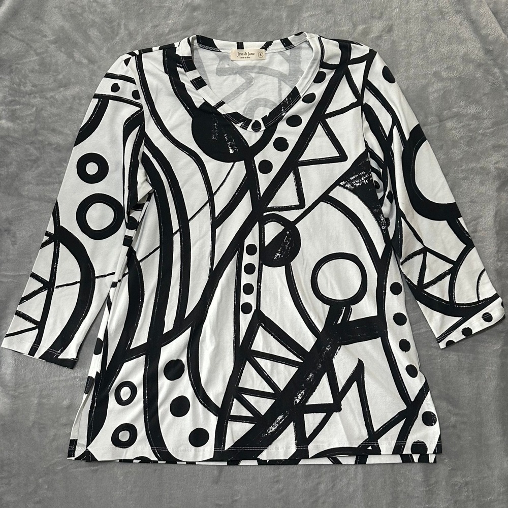 Lot of 2 - Jess & Jane Abstract Geometric 3/4 Sleeve Tops Black White Abstract S - Picture 3 of 15
